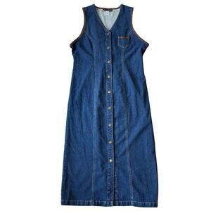 Vintage Blast Point Button Down Denim Leather Trim Sleeveless Western Dress (L)